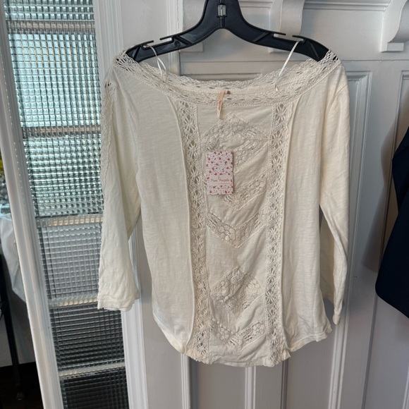 Free People Ivory Cream Lace Top 3/4 Length Sleeve Sz Large NWT - Picture 3 of 13